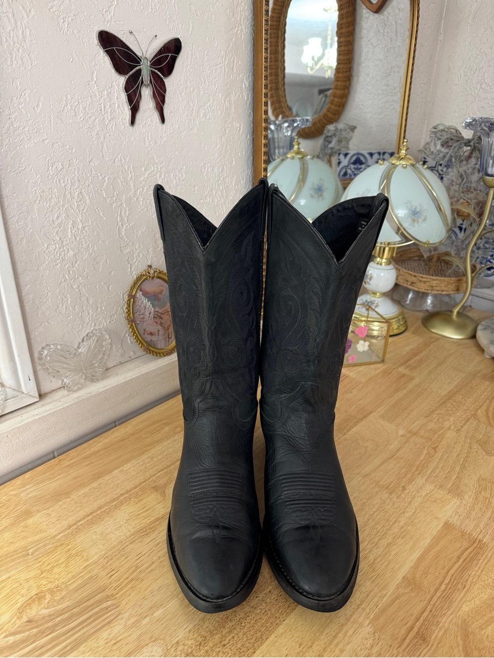Classic Double H Size 13 Black Leather Western Cowboy Boots Embroidered